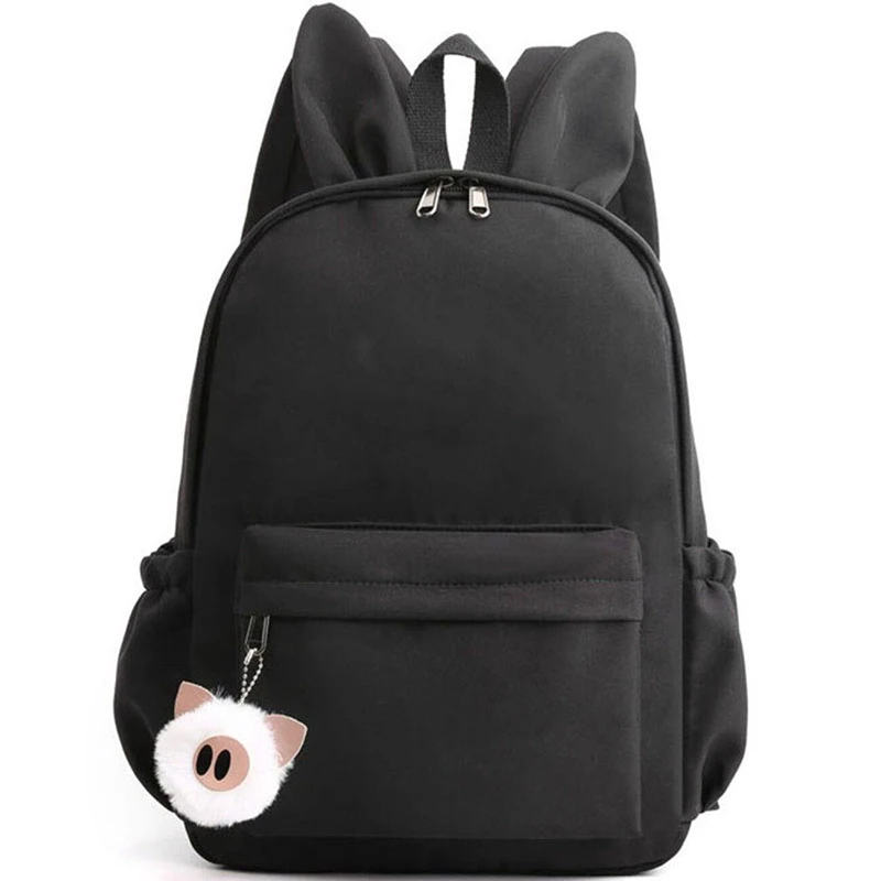 Sac à dos enfant style minimaliste couleur noire peluche cochon oreilles lapin matière nylon polyester écolier