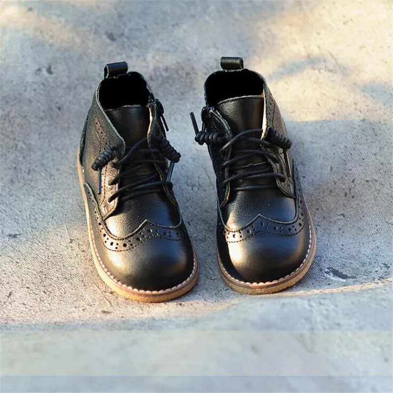 Bottines en cuir véritable pour enfants style brogue waterproof hiver 46 ans noire semelle caoutchouc élégance