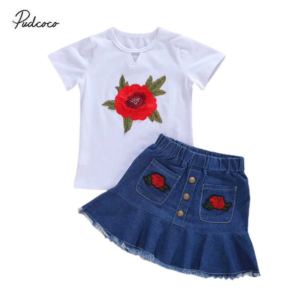 Pudcoco Ensemble bébé fille été 2020 tshirt coton manches courtes jupe denim brodée roses style floral Mode