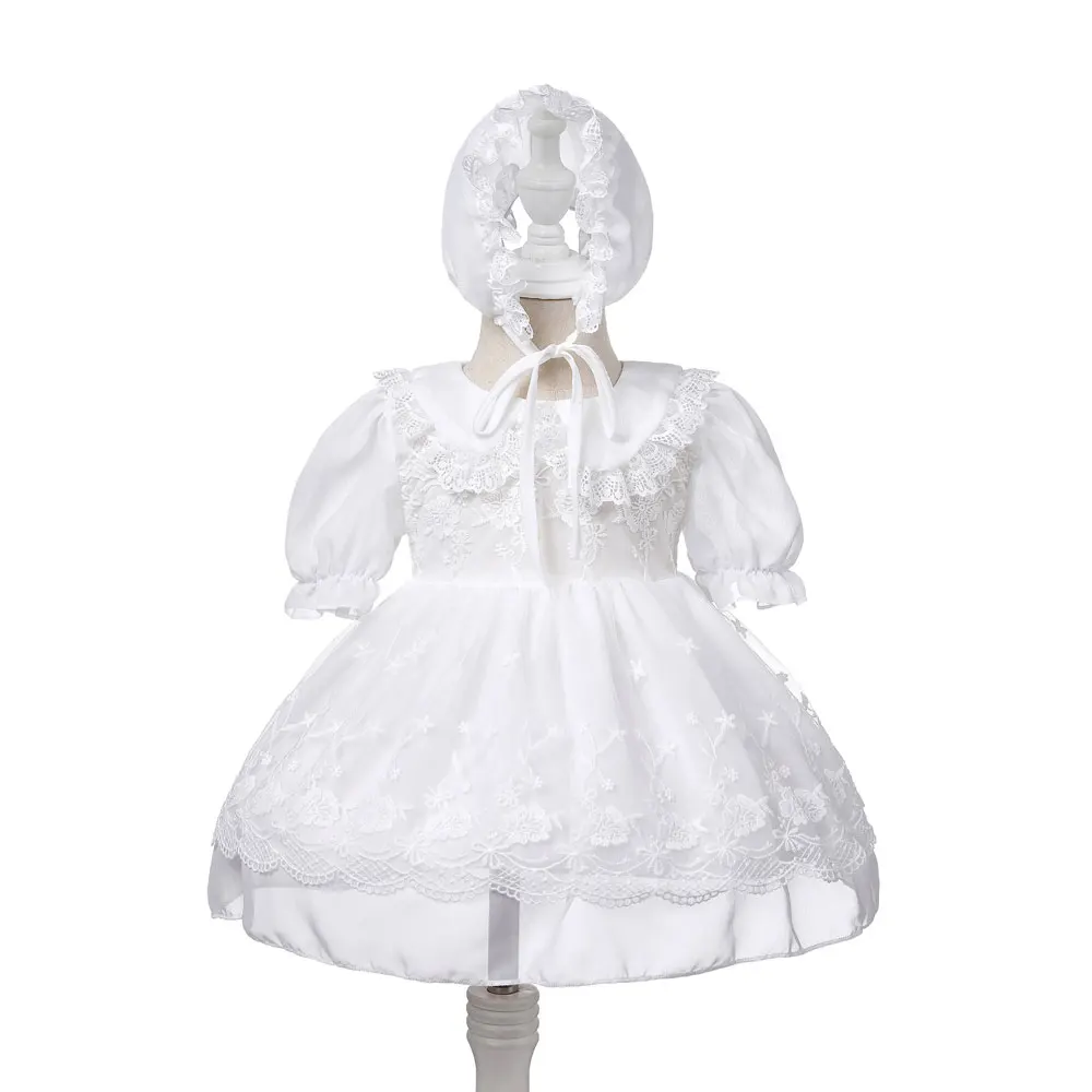 Robe de baptême en dentelle à volants et chapeau pour bébé fille tenue pour enfant de 1 an premier anniversair