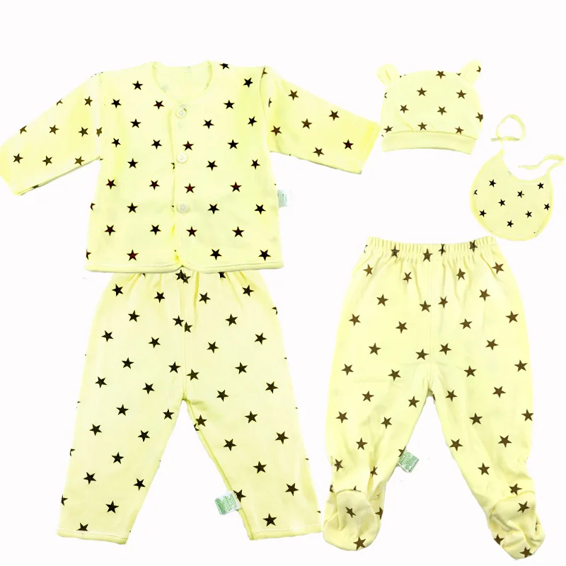 Ensemble vêtements bébé 5 pièces chemise pantalon bavoir bonnet coton doux motifs étoiles naissance 03 mois un