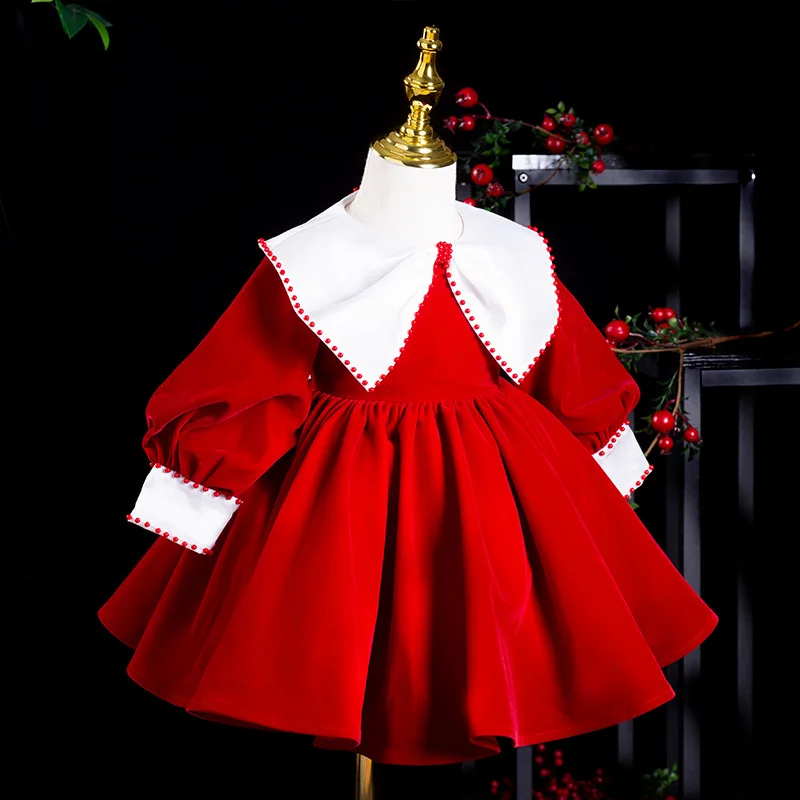 Robe de Bal pour Enfant Fille Style Lolita Festive Fêtes de Noël Baptême Élégante Douce Matière Velours Événem