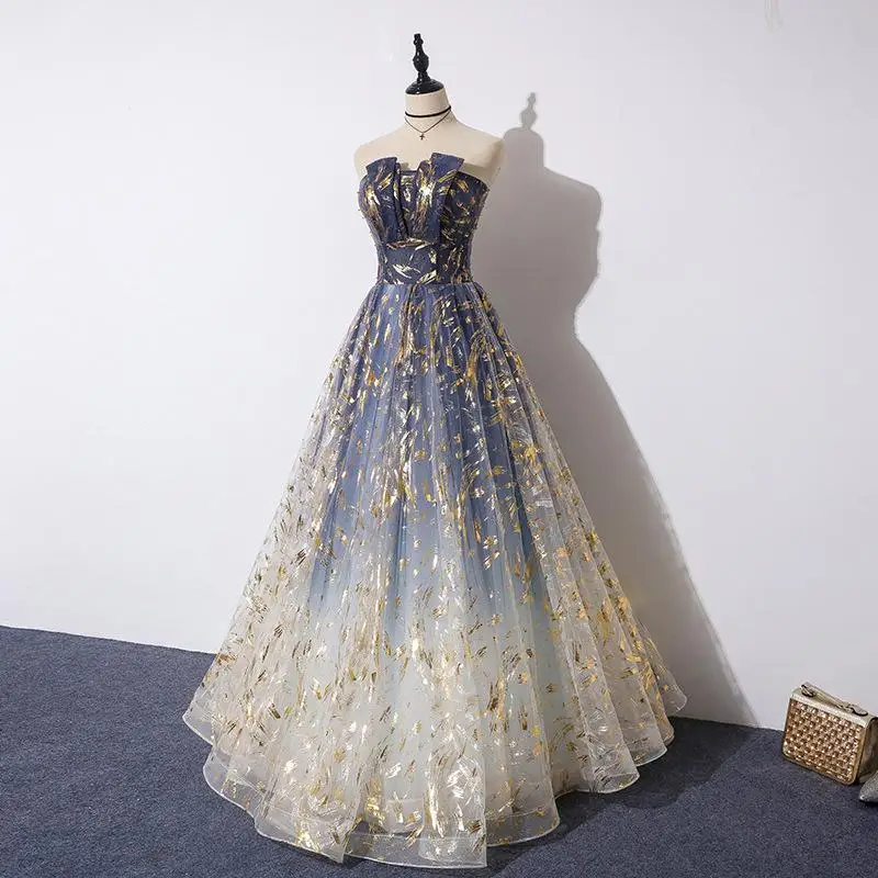 Gryffon robe de soirée trapèze longue sans bretelles pour spectacle banquet tulle pailleté soirée élégante