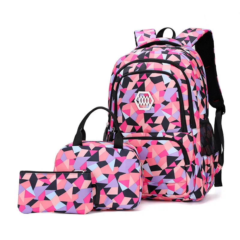 Sacoche École Adolescents Design Géométrique Sac à Dos Polyester Résistant Poches Multiples Élégant Fiable