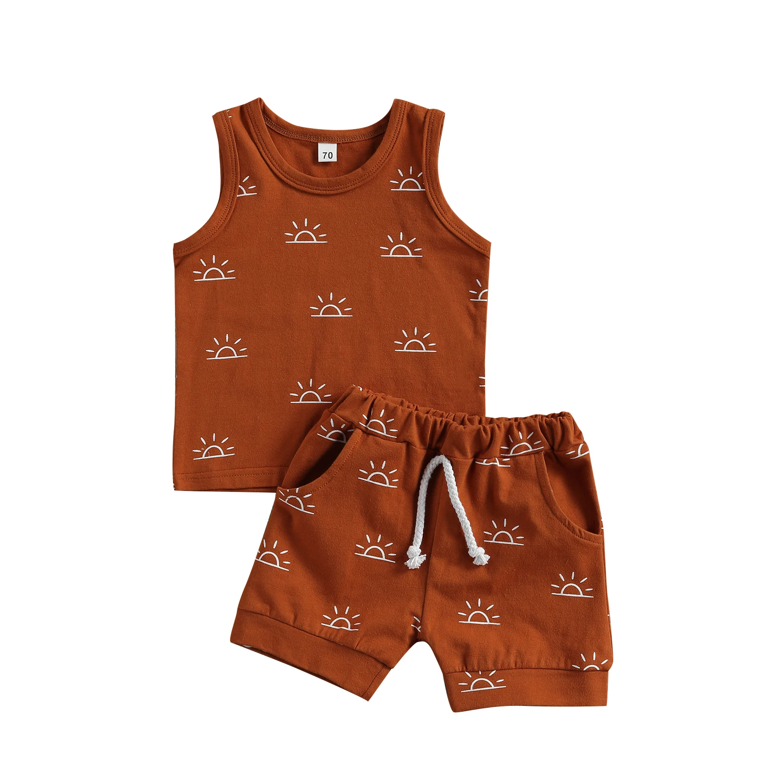 Ensemble été bébé short débardeur coton imprimé soleil uni Orange 024m garçon fille poussette accessoires sécu