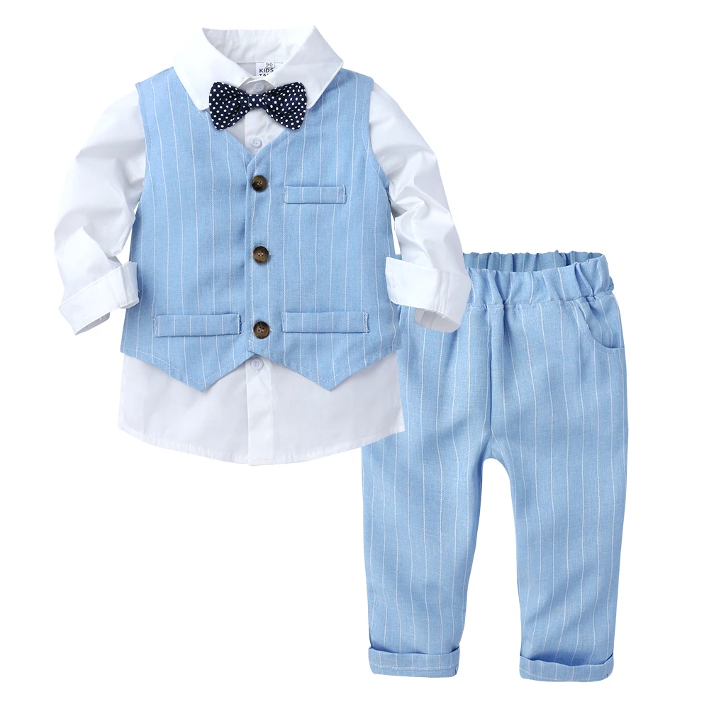 Ensemble 3 pièces bébé garçon costume gentleman chemise gilet pantalon noeud papillon occasion formelle mariag