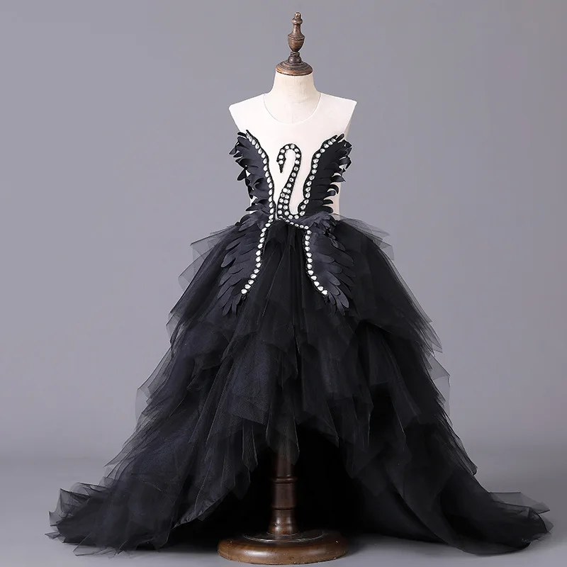 Robe de soirée noire pour filles longue robe élégante avec motifs cygnes et plumes occasion formelle mariage g