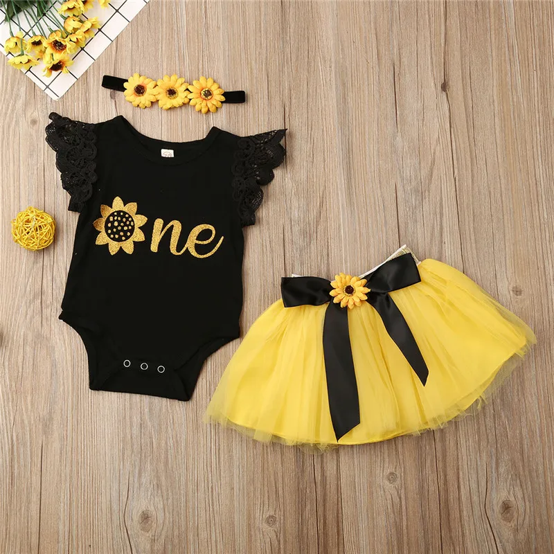Ensemble Anniversary Baby Girl Cotton Tulle Body Sun Motif Yellow Skirt