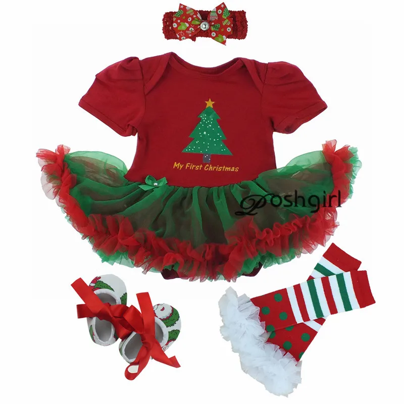 Nouveau-né bébé premier noël 4 pièces tenues nouveau-né coton bébé fille vêtements à volants Tutu robe chaussu