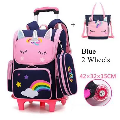 Sac à dos roulant conçu pour filles écolier sac d'école multicolore avec licorne et arcenciel pour enfants sco