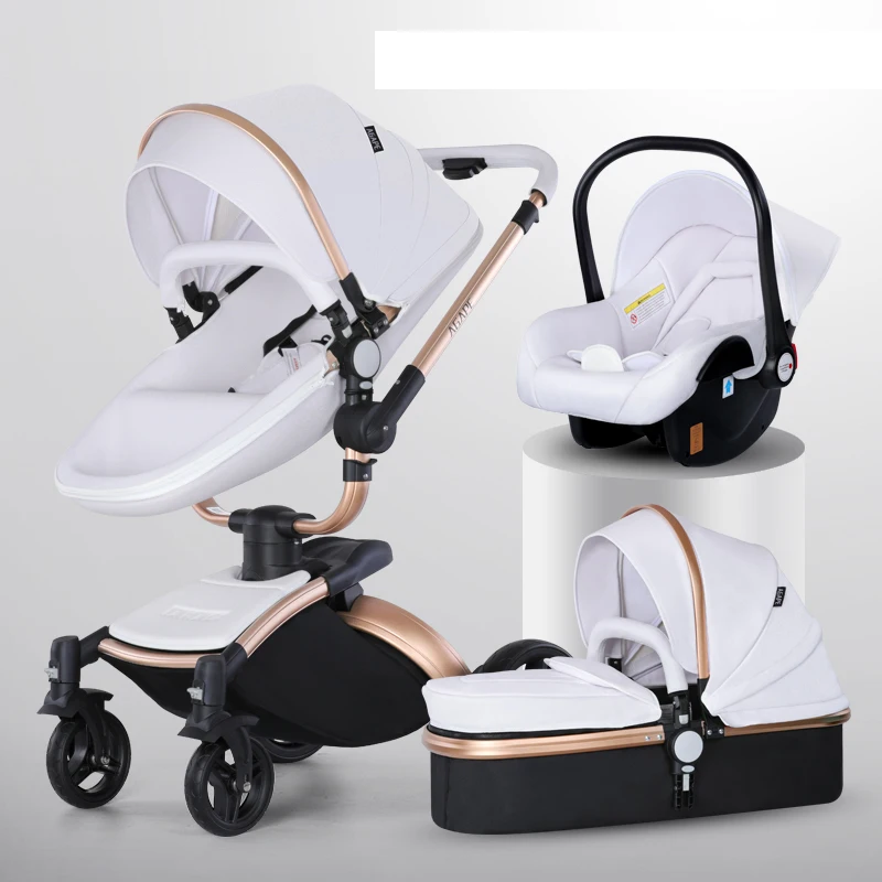 Poussette ANTAI 3 en 1 luxe siègeauto landau assise toddler tissu blanc cadre doré roues pivotantes poignée aj