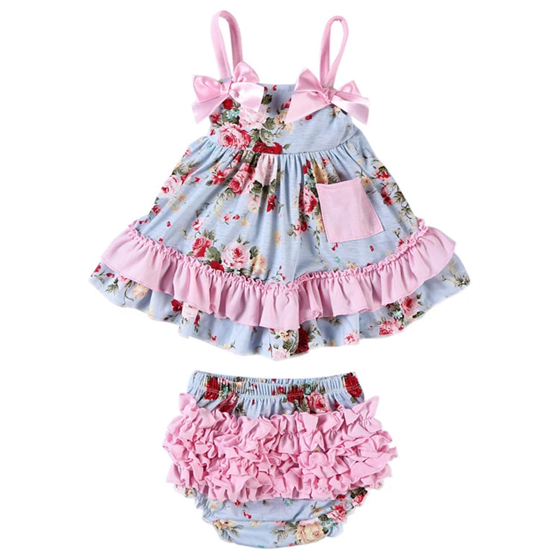 Robe en coton pour bébé fille sans manches à volants motif floral ensemble avec short 324 mois nouvelle collec