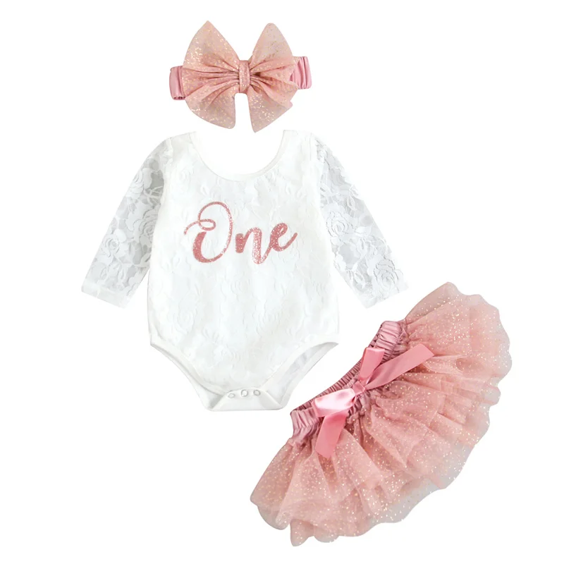 Ensemble anniversaire bébé fille 1ère année body dentelle jupe tutu bandeau rose paillettes coton confort fête
