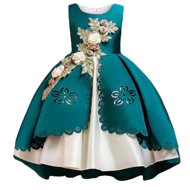 Robe pour filles cérémonie fleurs vert émeraude satin polyester occasion spéciale mariage anniversaire style p