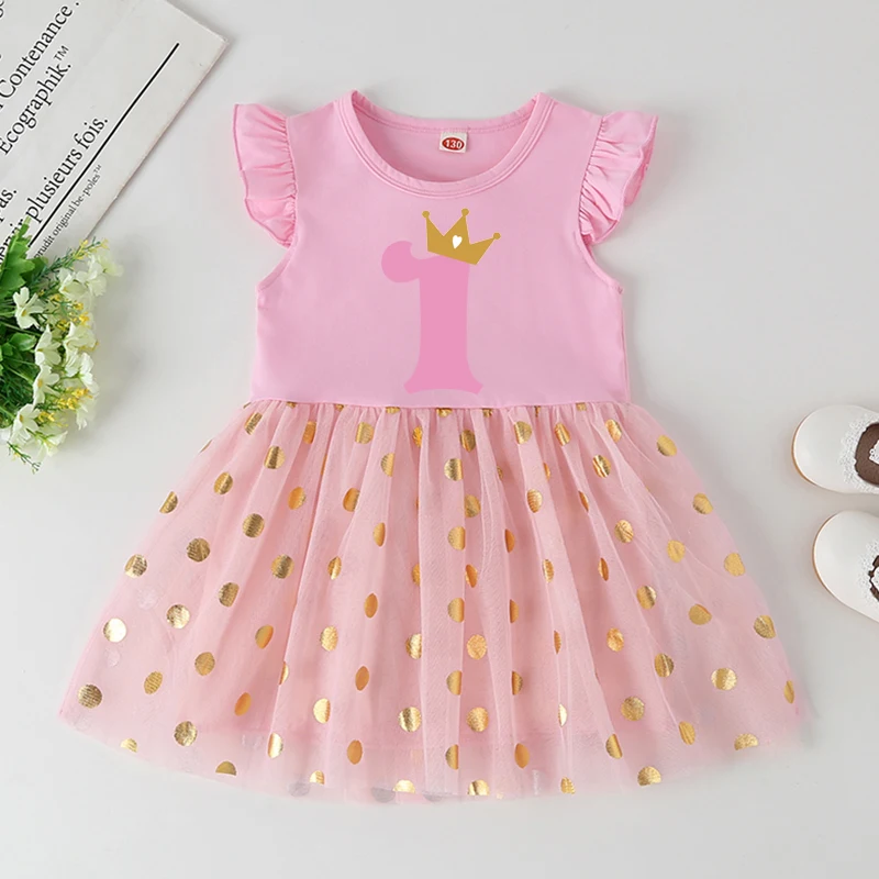 Robe d'anniversaire princesse bébé fille 12 ans rose tulle motifs dorés première fête look élégant confortable