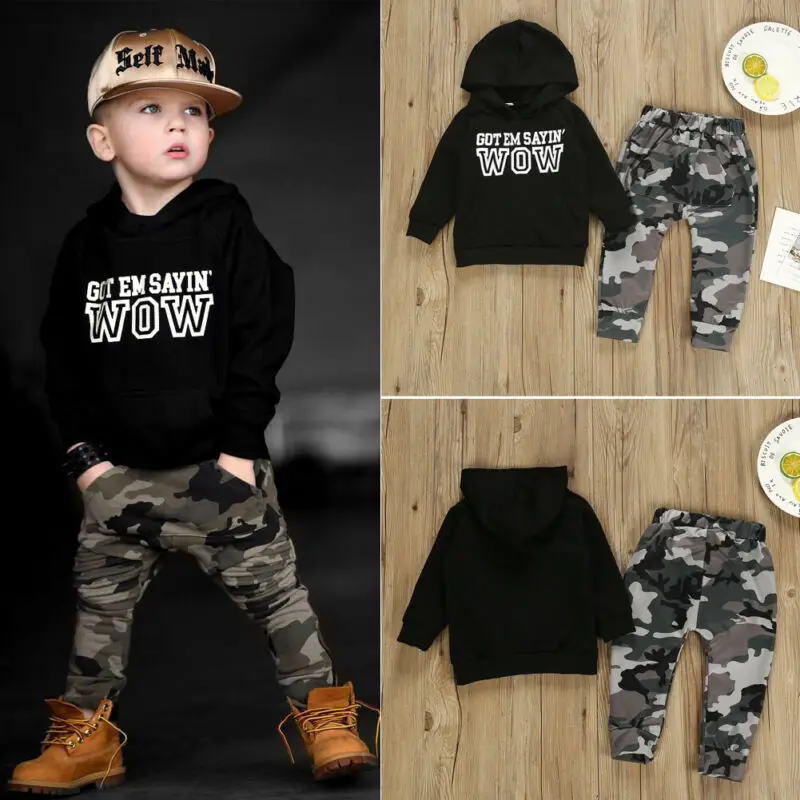 Ensemble vêtements enfants garçons sweatshirt capuche camouflage pantalon manches longues mode décontractée