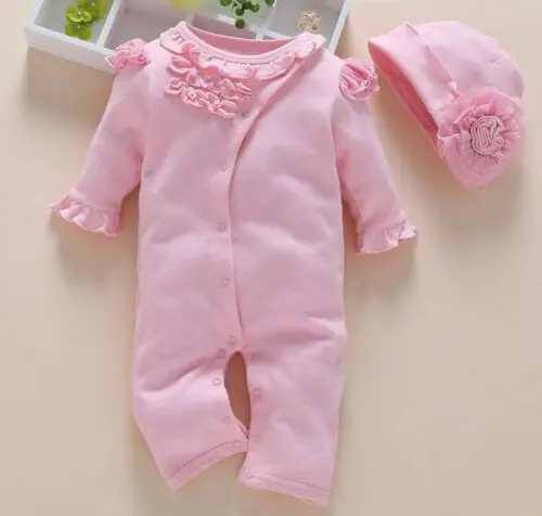 Combinaison bébé fille en coton doux style princesse 03 mois 2 pièces boutons devant fleurs bonnet naissance