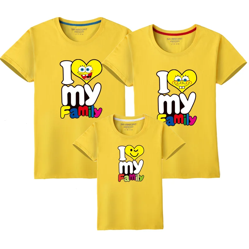 Tshirts assortis 'I Love My Family' en coton pour enfants et adultes été style décontracté familles jaune vif 