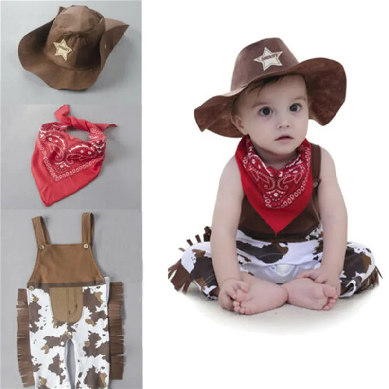 Ensemble vêtements bébé garçon 024 mois combinaison denim marron costume batterie chemise chapeau vache bavoir