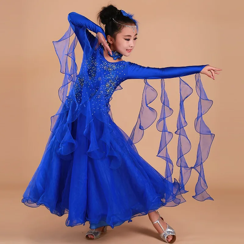 Robe de danse classique pour filles longues manches col en V tissu léger paillettes accessoire cheveux bleu va