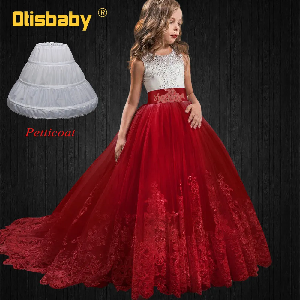 Robe de mariée pour filles longue queue robe de communion enfant robe de soirée en dentelle rouge élégante Oti