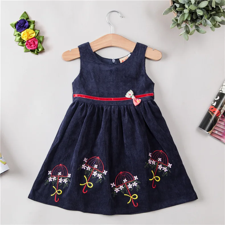 Robe princesse fille coton brodé parapluies fleurs bleu marine 36 ans style enfantin motif unique occasion fêt