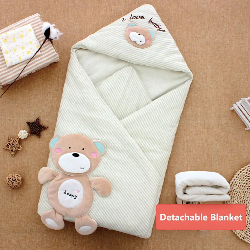 Couverture bébé en coton doux design ours animé coussin amovible 98x98cm idéale pour emmaillotage hiver/été jo