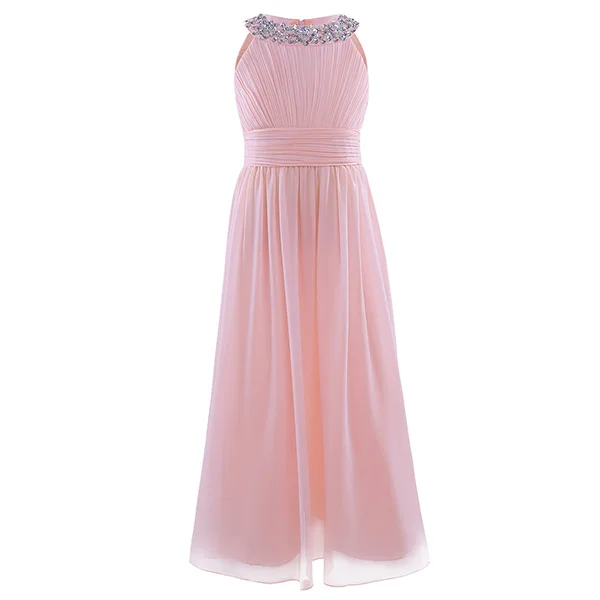 Robe longue princesse fille occasionnelle tissu polyester rose pâle détails brillants neckline cœur bretelles 