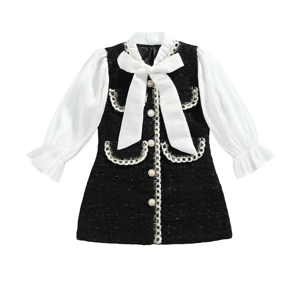 Robe de princesse pour bébés filles manches longues col rond avec nœud 16T