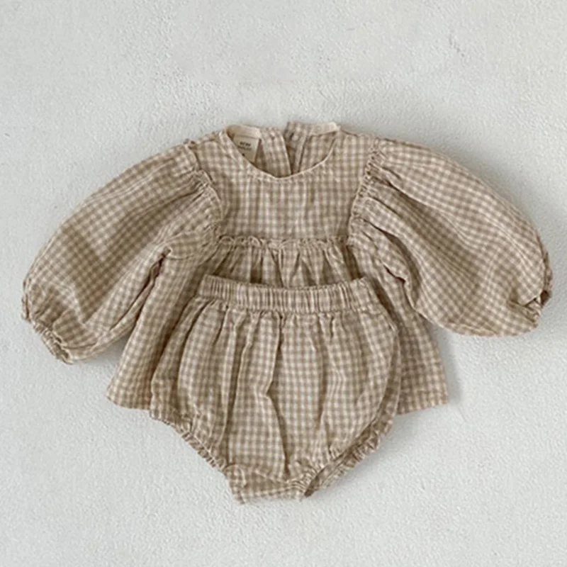 Costume bébé fille 2 pièces à carreaux blouse manches bouffantes bloomers coton doux style romantique printemp