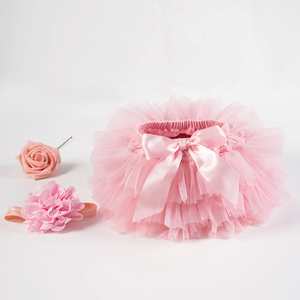 Baby Girl Pastel Pink Tulle Tutu Bloomers with Bandeau Floral Decor Lightweight Cute Tutu for Special Occasion