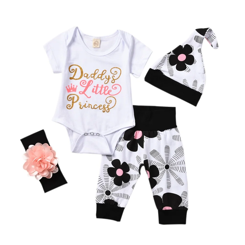Ensemble vêtements été nouveauné fille 4 pièces body manches courtes pantalon fleurs chapeau bandeau 024 mois
