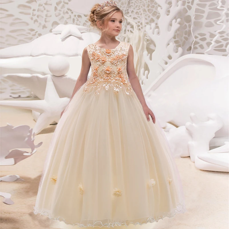 Robe de Demoiselle d'Honneur Longue Élégante pour Enfant Soirée Cérémonie Fille 1012 ans Champagne