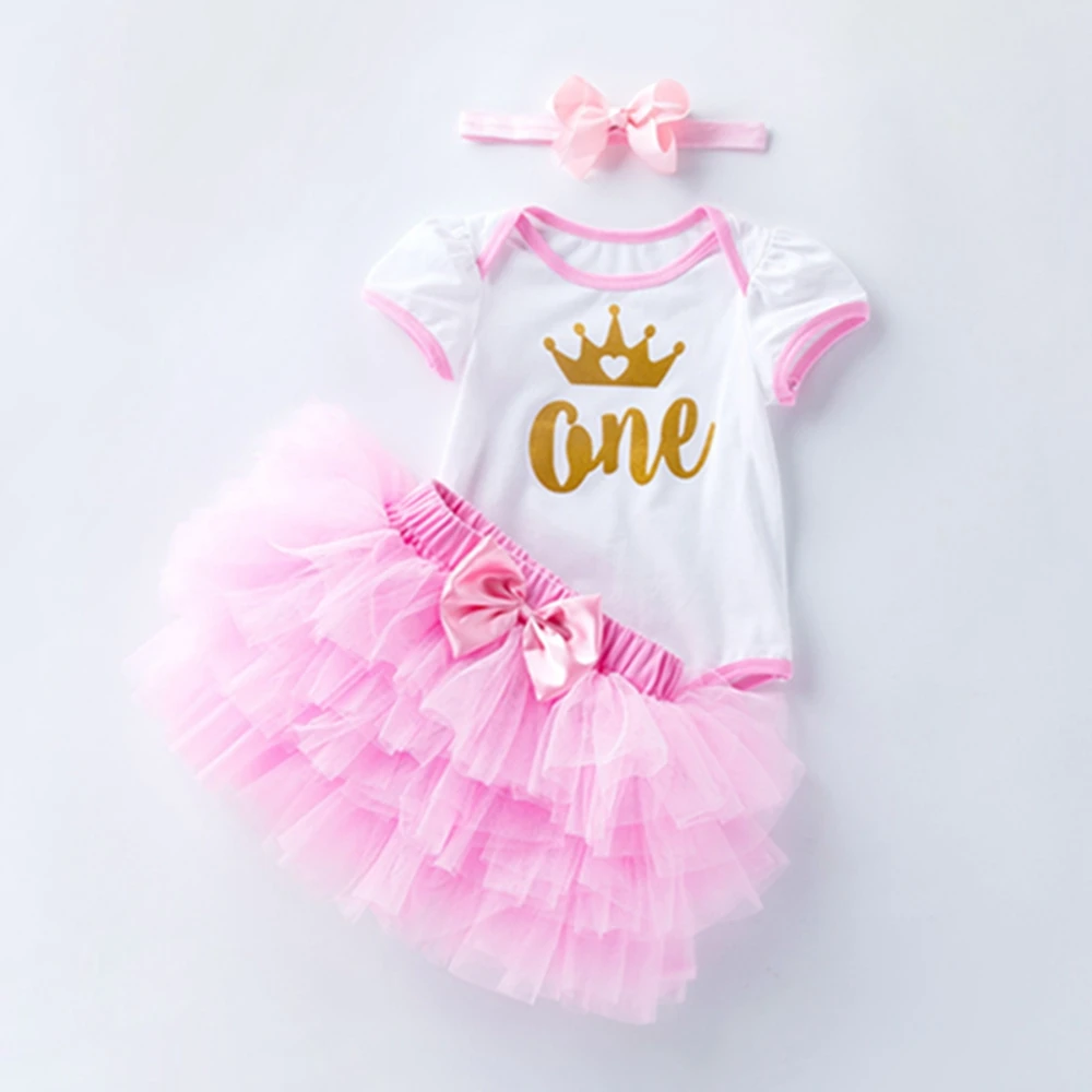 Ensemble vêtements bébé fille body jupe tutu rose bandeau 3 pièces coton 01 an fête Anniversary