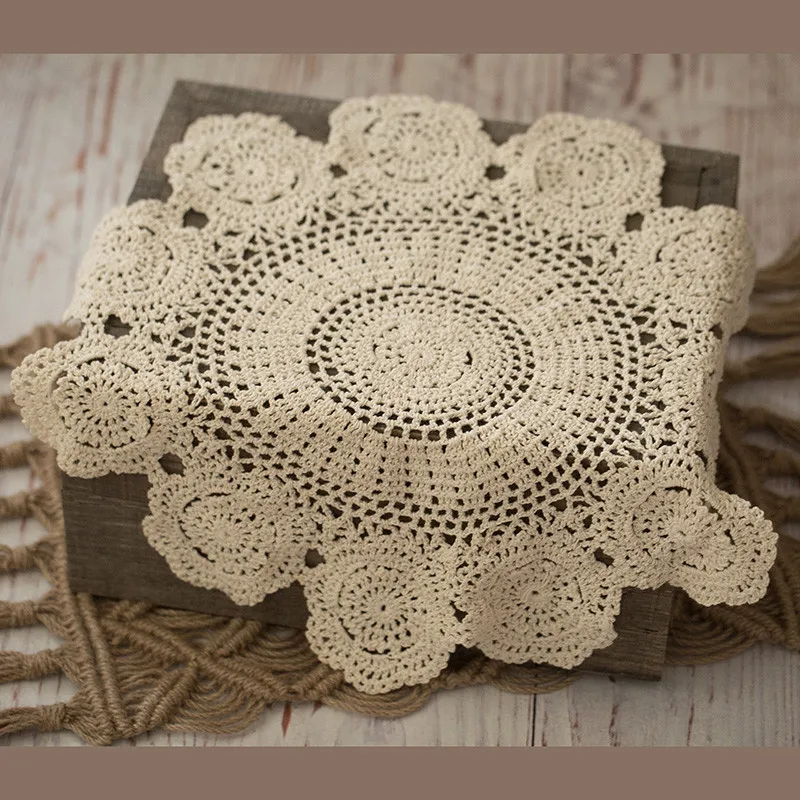 Nappe en crochet bébé Photographie Accessoire Studio Tapis Décoratif 40x40cm Coton Crème Floral Vintage