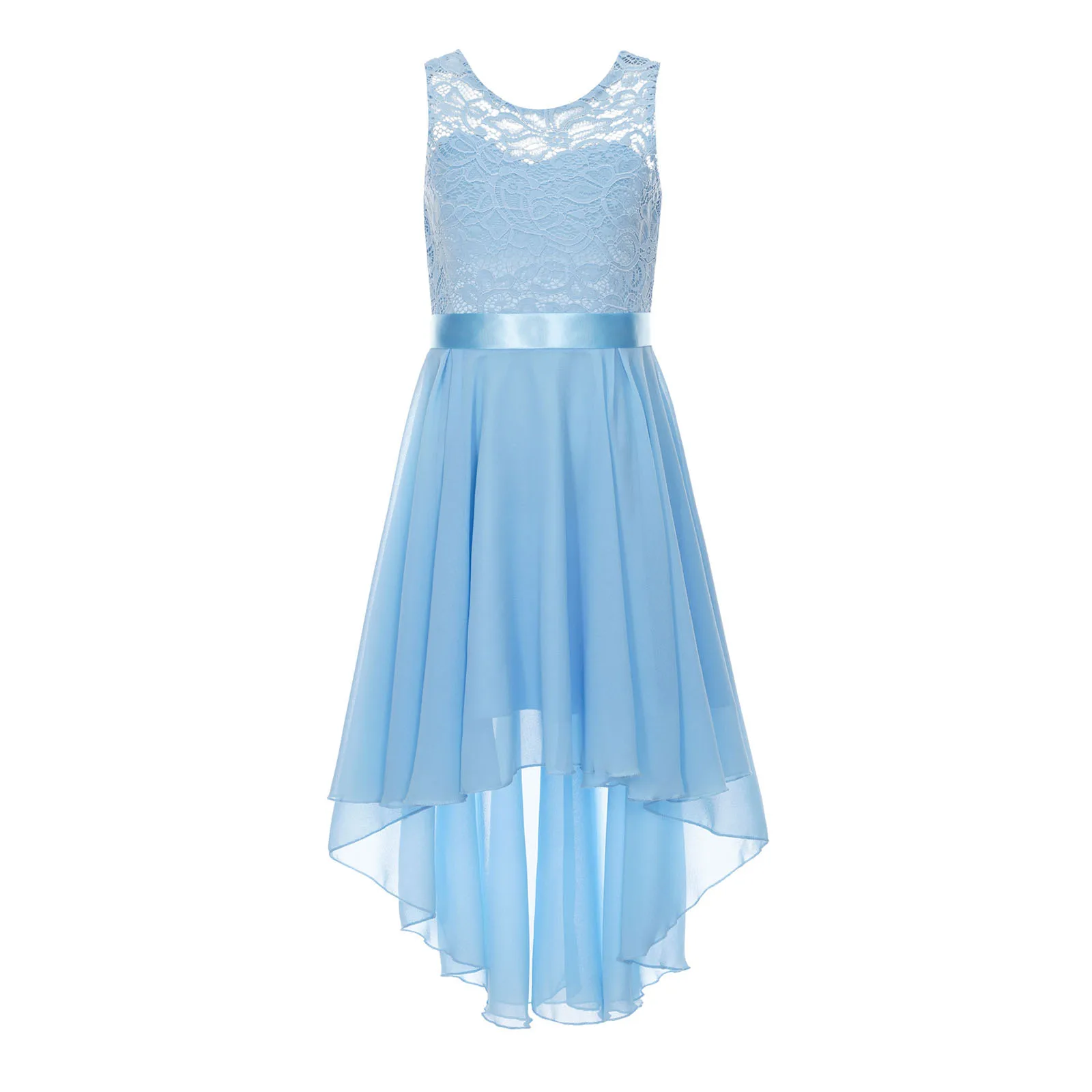 Robe Demoiselle d'Honneur Enfant Dentelle Mousseline Soie Asymétrique Élégante Bleu Ciel Occasion Spéciale