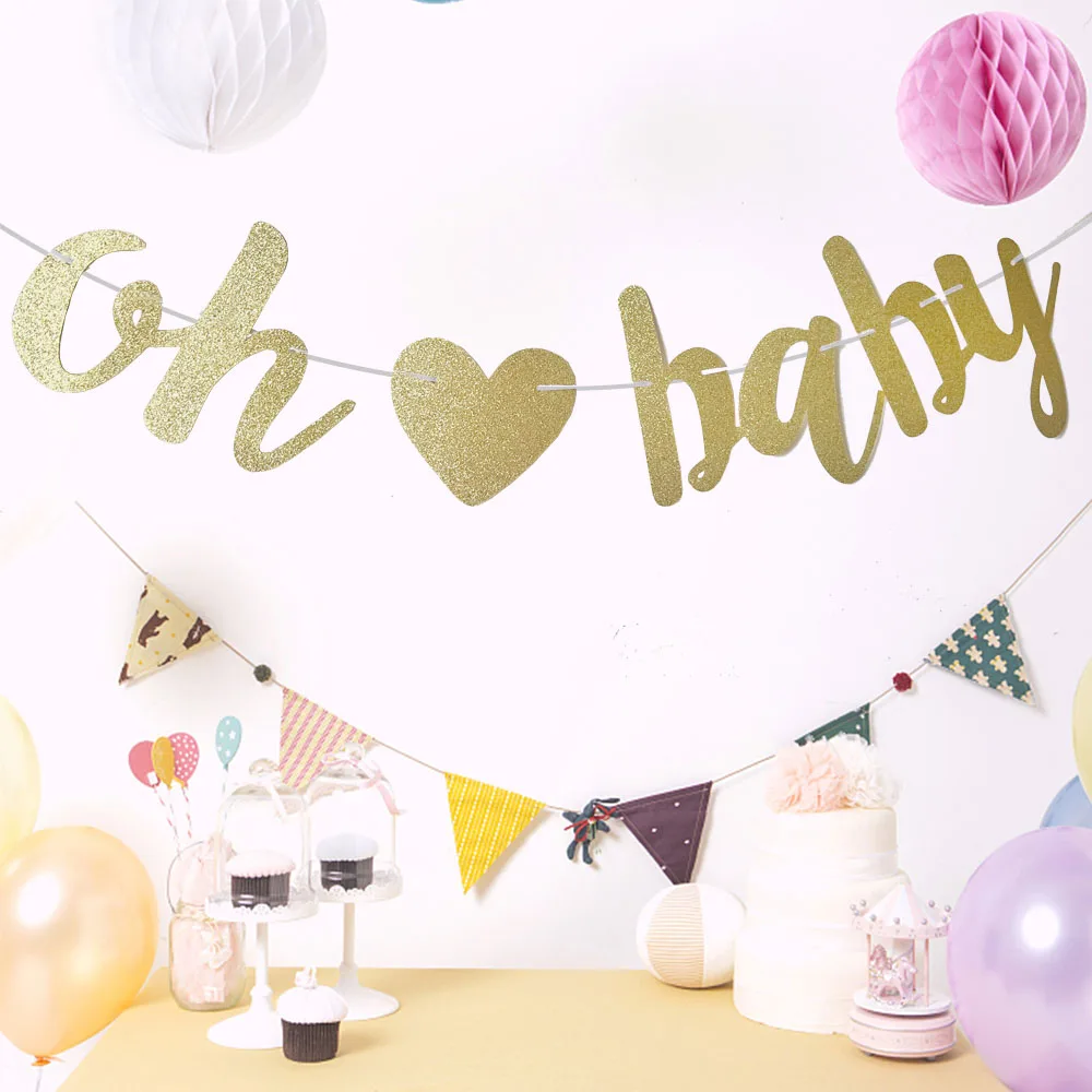Bannière de douche pour bébé en paillettes dorées avec cœur Oh Baby