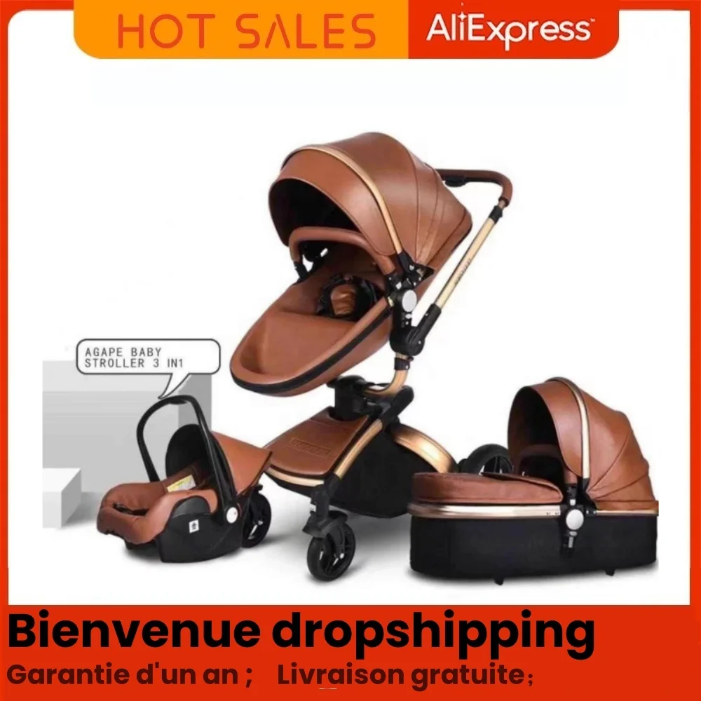 Poussette bébé 3 en 1 Agape High View cuir marron doré 03 ans luxe 360 conception ratetion fonctionnalités mul