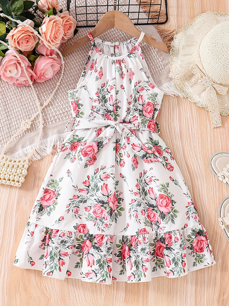 Robe d'été motif floral romantique pour filles robe dos nu vacances ceinture à volants style décontracté été 2