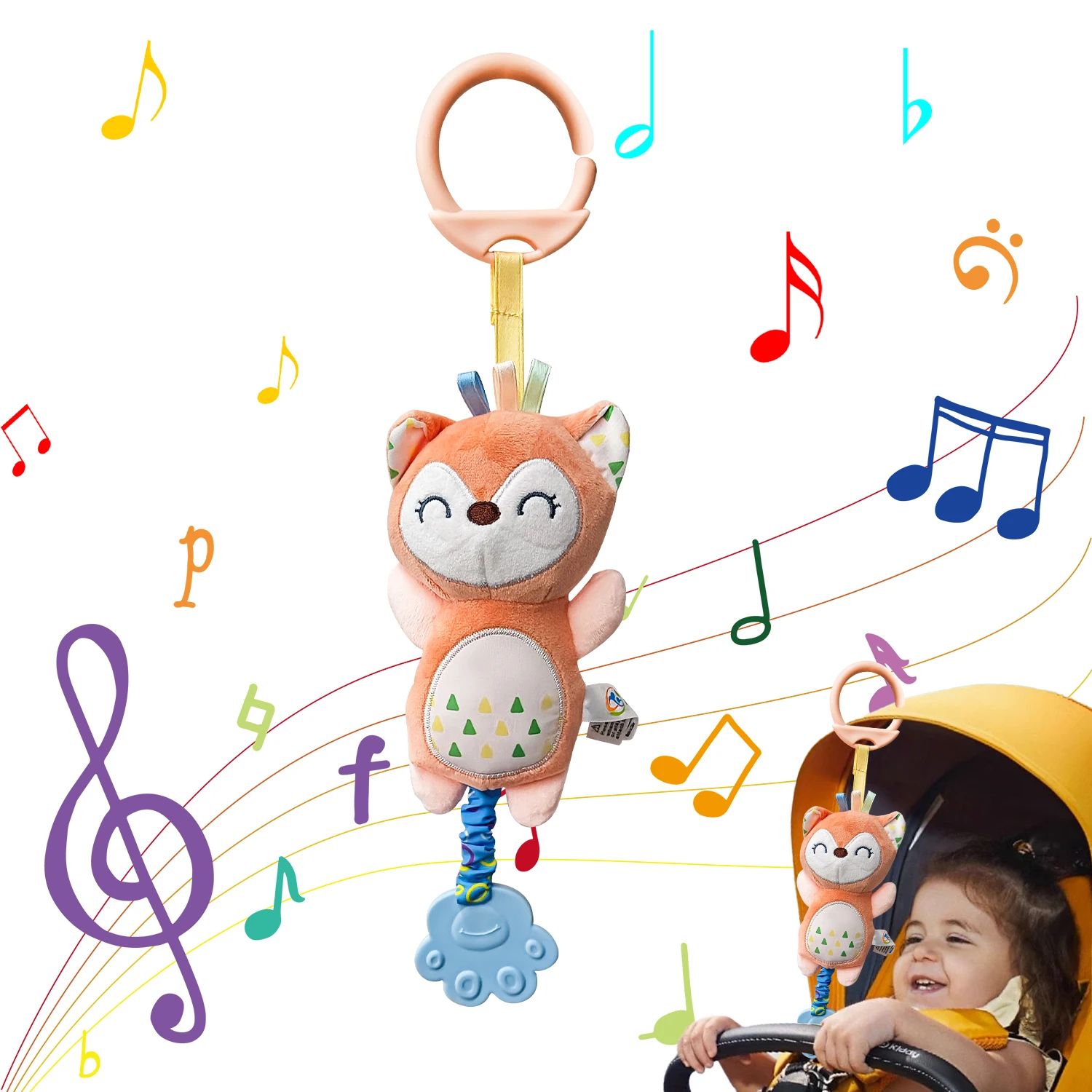 Jouet musical pour bébé en peluche renard doux avec carillons suspendus poussette nouveauné 012 mois accessoir