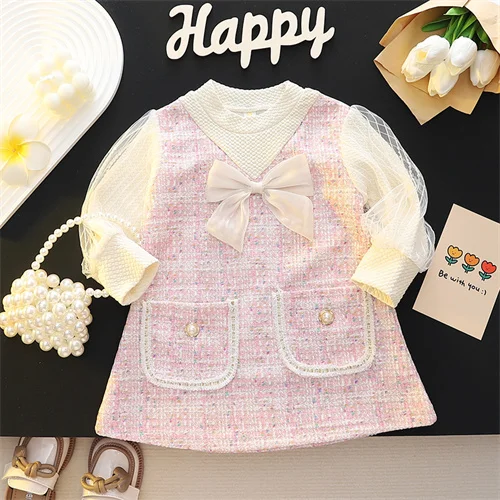 Robe élégante princesse pour filles tweed et tulle nœud satin manches