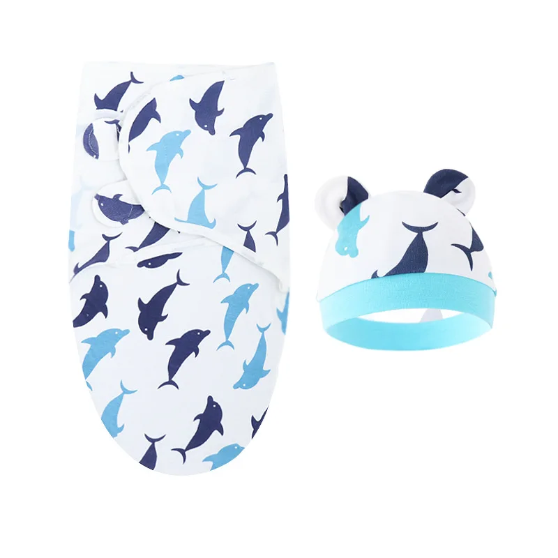 Ensemble couverture et chapeau bébé 06 mois coton imprimé dauphin doux et respirant usage多saisons