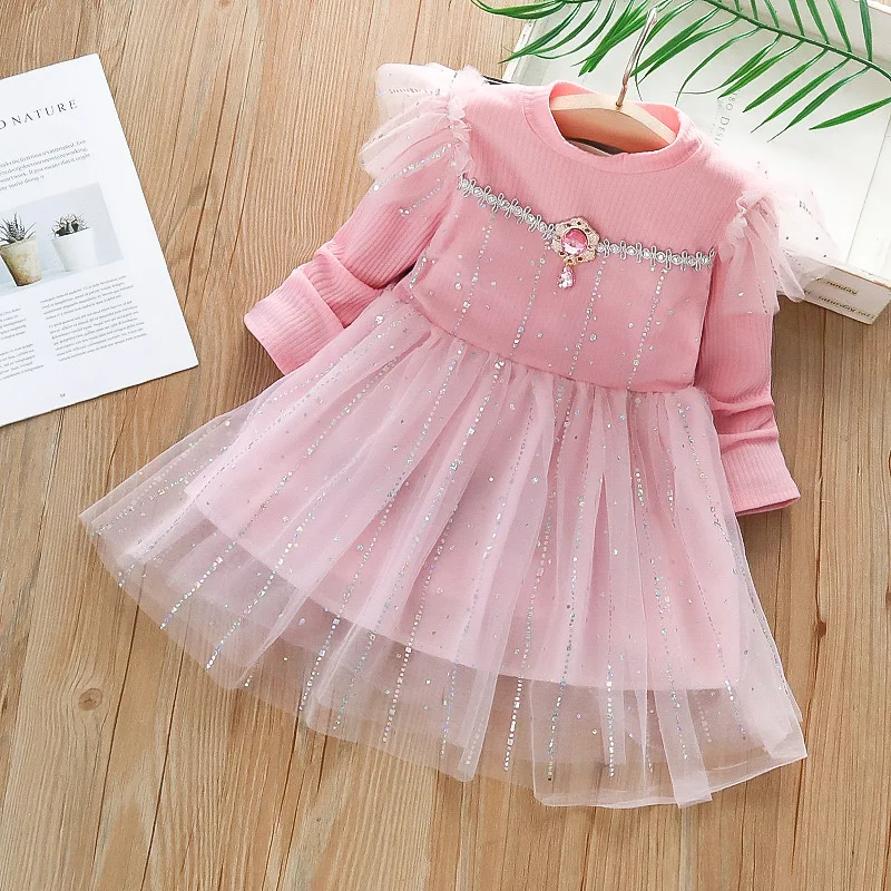 Robe princesse fille manches longues tulle paillettes rose occasion spéciale anniversaire photo famille