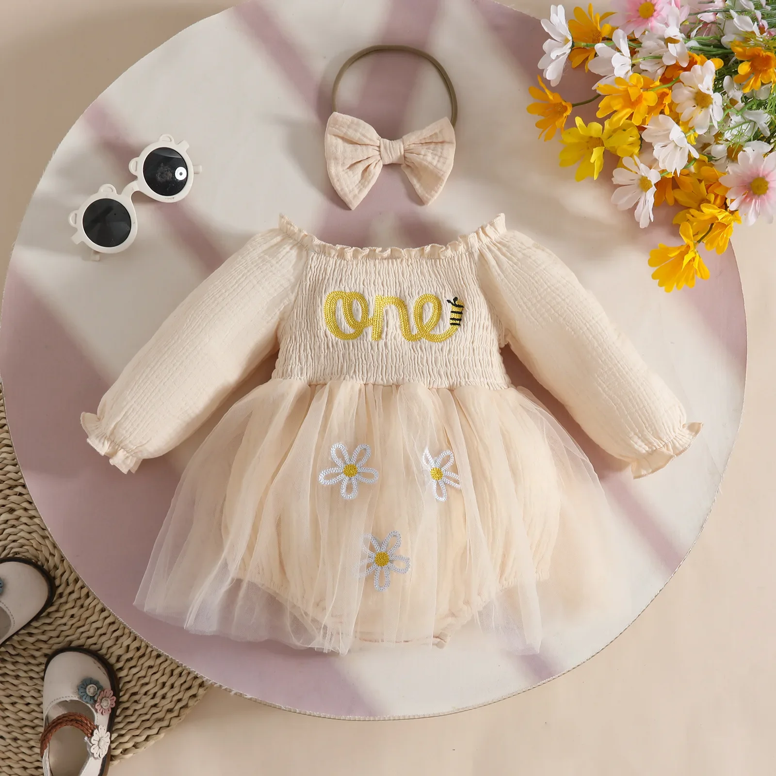 Robe bébé fille 1er anniversaire tulle broderie fleurs bandeau look mignon coton écharpe tissu doux occasion f