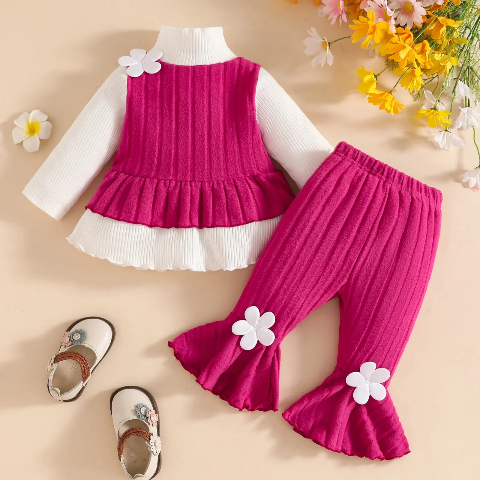 Ensemble vêtements bébé fille 03 ans 2 pièces col roulé côtelé fleurs appliquées pantalon évasé rose vif doux 