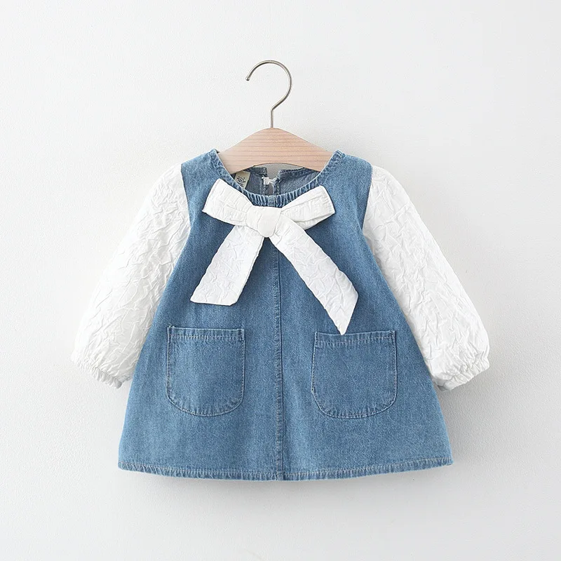 Robe fille printemps automne denim blanc manches blanches nœud poches