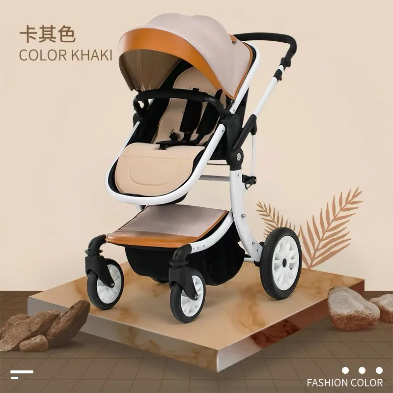 Poussette bébé luxe 3 en 1 cuir PU khaki blanc ergonomique modern style portable poussette landau siège auto u