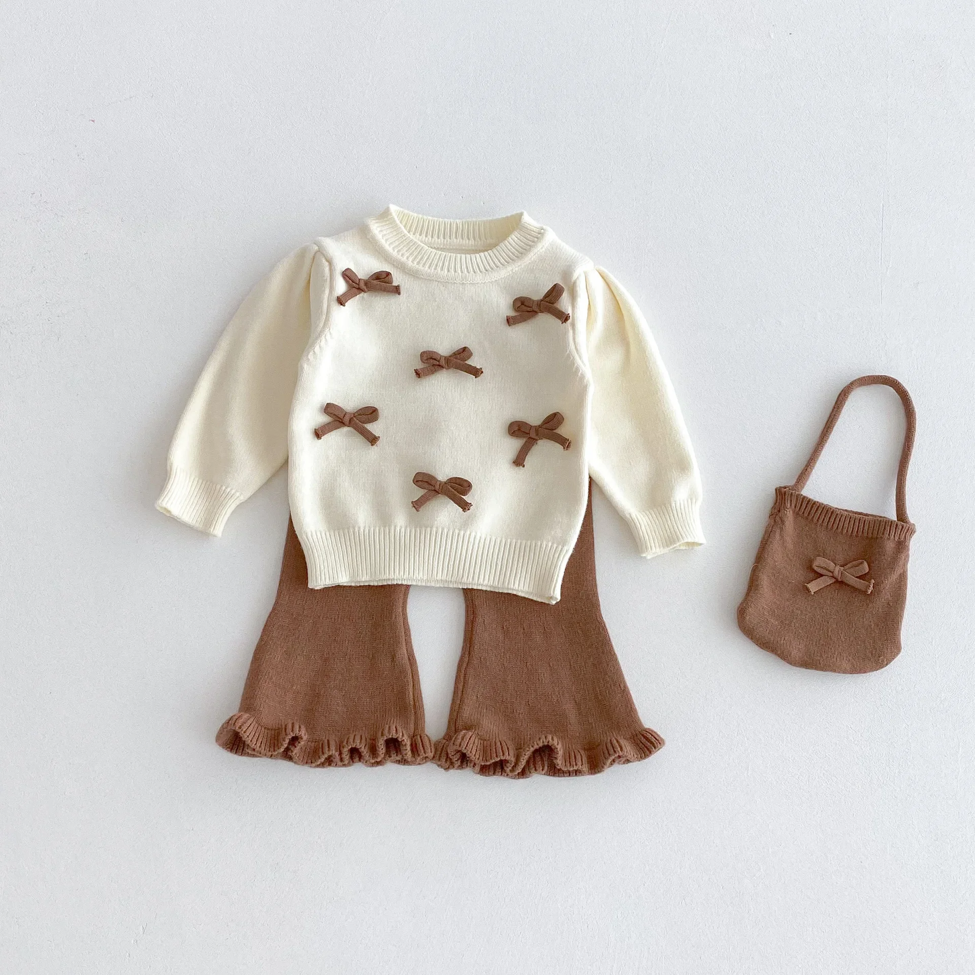 Ensemble 3 pièces tricoté pour bébé fille pull crème à nœud papillon pantalon évasé marron mini sac vêtements 