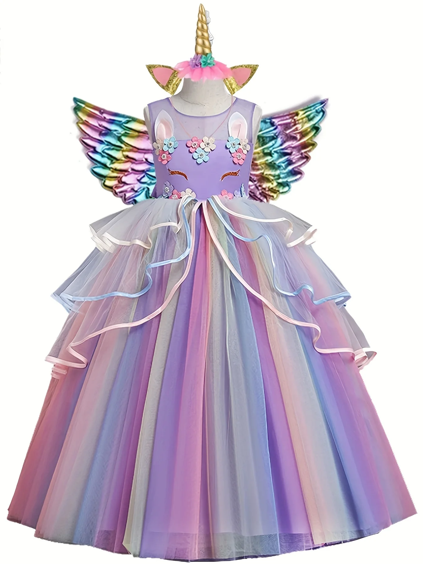 Déguisement pour filles fête de bal Costume de licorne avec bandeau à ailes pour enfants Pageant princesse fêt