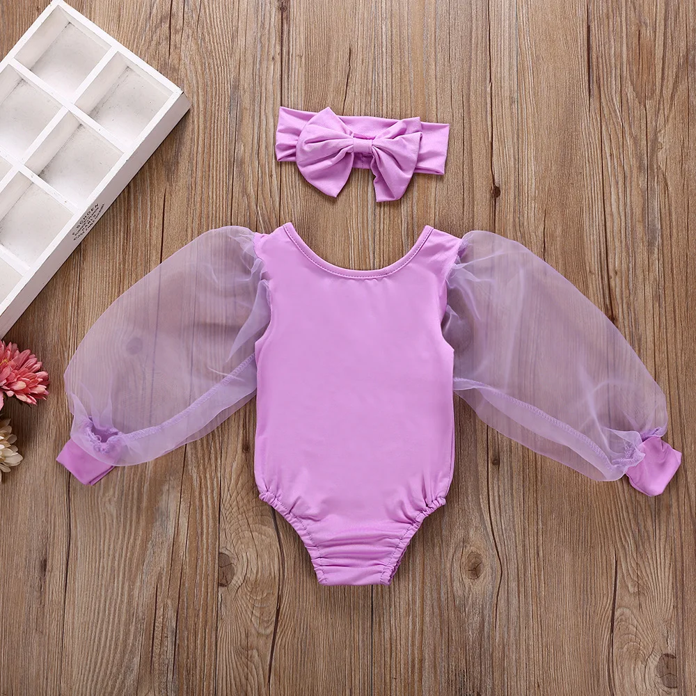 Ensemble 2 pièces pour nouveauné fille maillot de bain bodysuit manches longues bandana assorti rose pastel mo